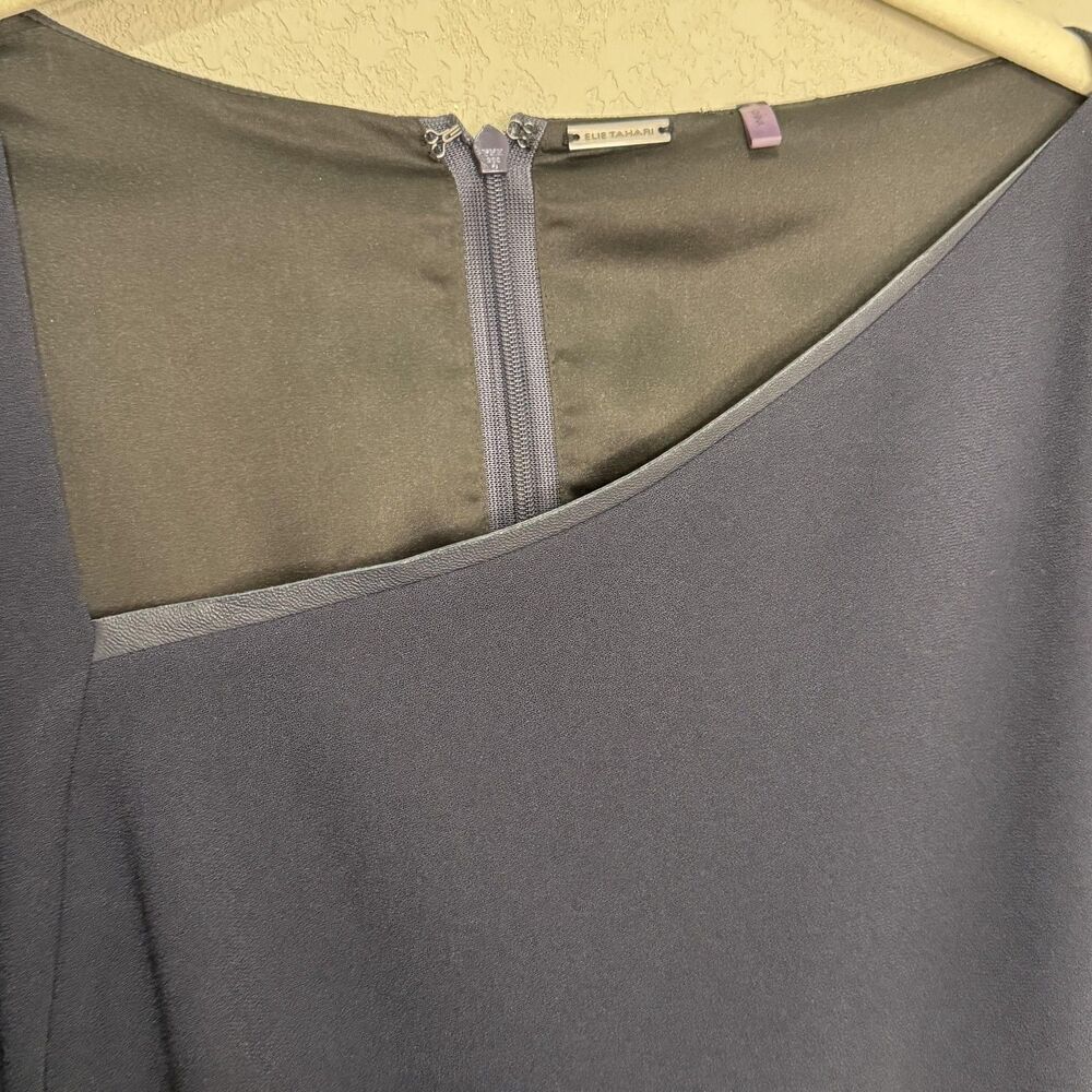 Elie Tahari Dress Size 6 Navy Blue Leather Asymmetrical Neck Sheath Knee Length - Picture 7 of 11